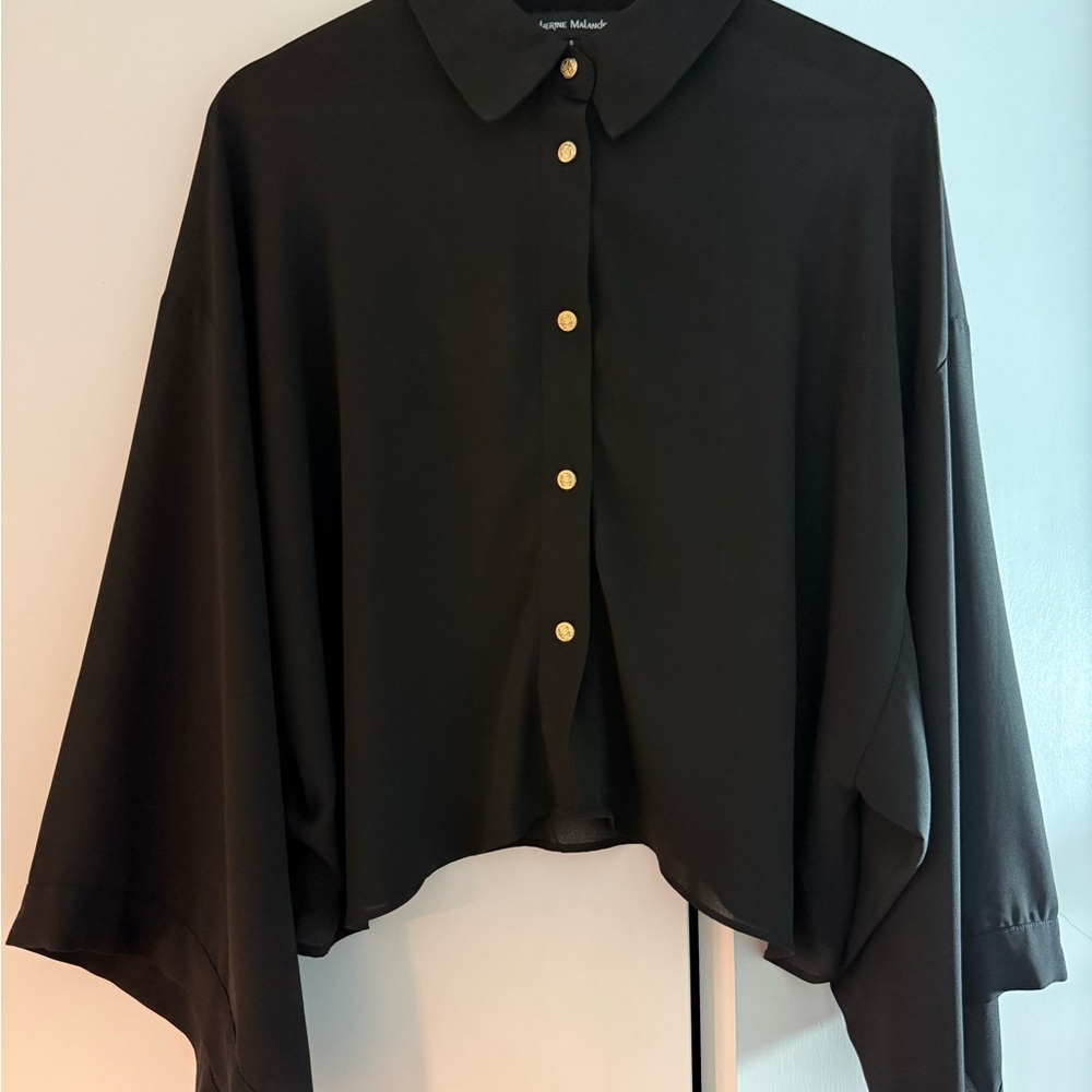 Catherine Malandrino Black Draped Button-Front Top with Gold Buttons